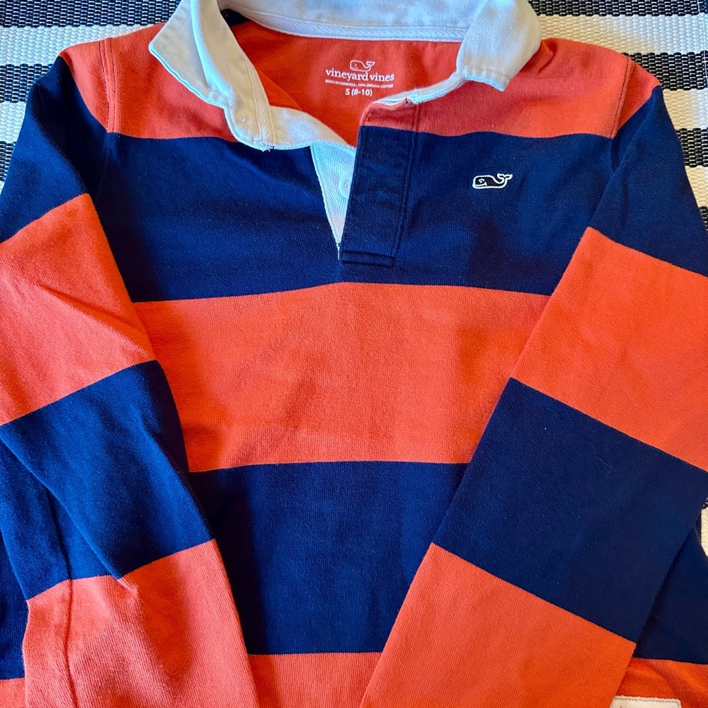 Vineyard Vines Orange and Navy Striped Rugby Shirt, Youth Size S (8-10)